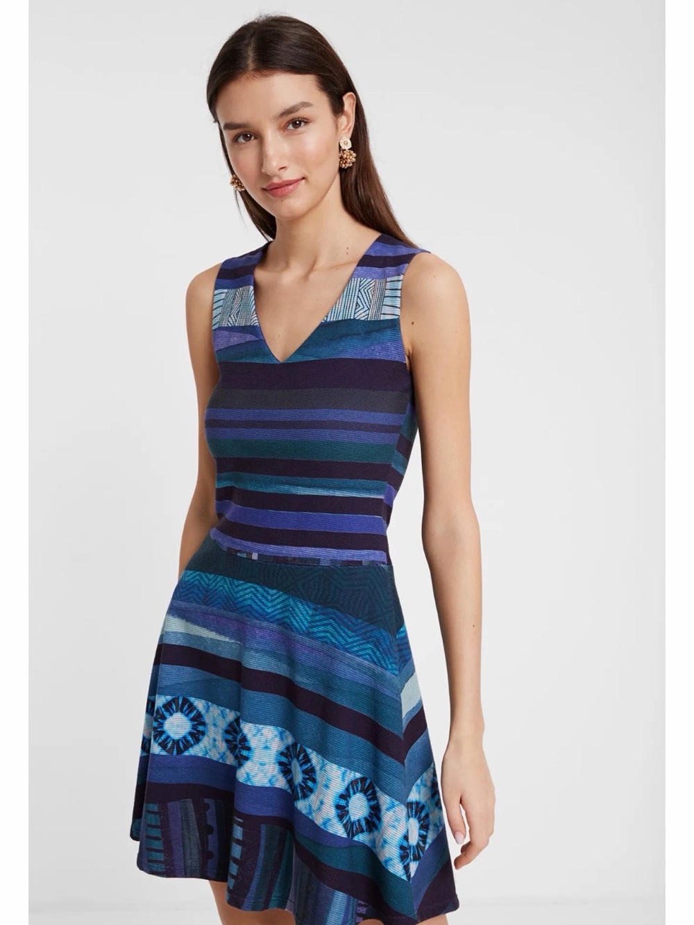 Desigual DUNA Sleeveless Dress Blue Teal Geometric Large Blue Colorful Love NWT